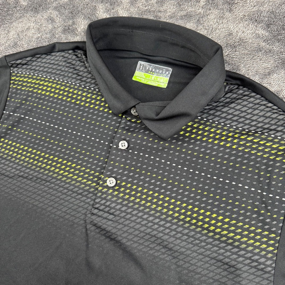 PGA Tour Polo Shirt Mens Large Black Pro Series Athletic Fit Golf Geo Print